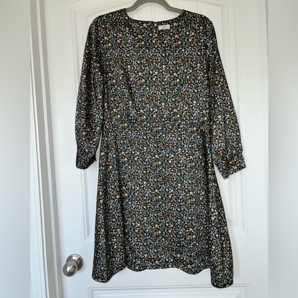 Floral Long-Sleeve Mini Dress in Black with Multi-Color Print
